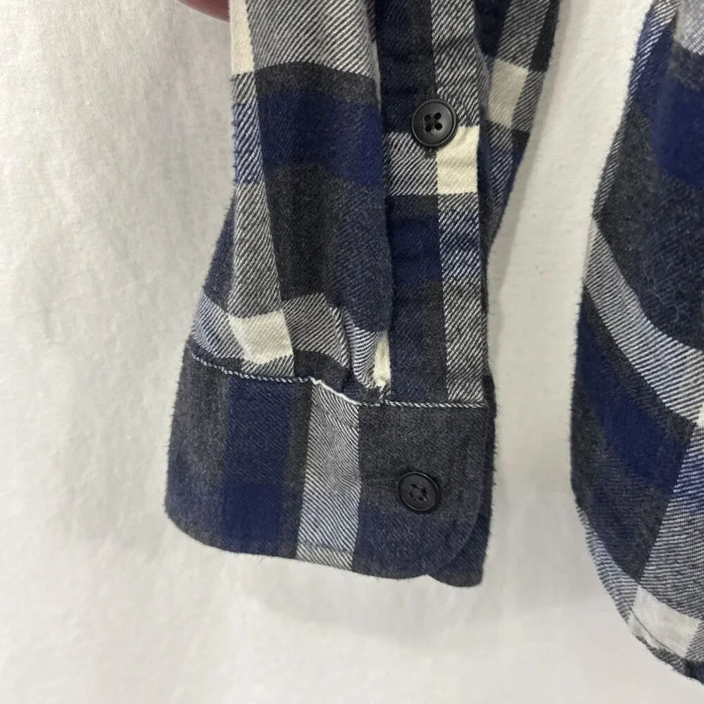 J Crew Slim Fit Flannel Gray Blue Plaid Button Up Shirt Mens L Outdoor Camping